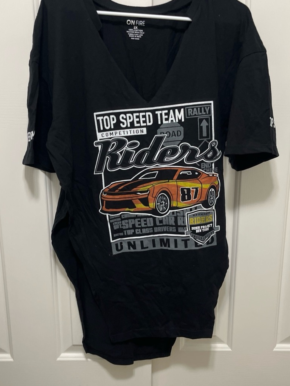 On Fire Men's Black V-Neck 'Riders' Graphic Tee with Orange Car